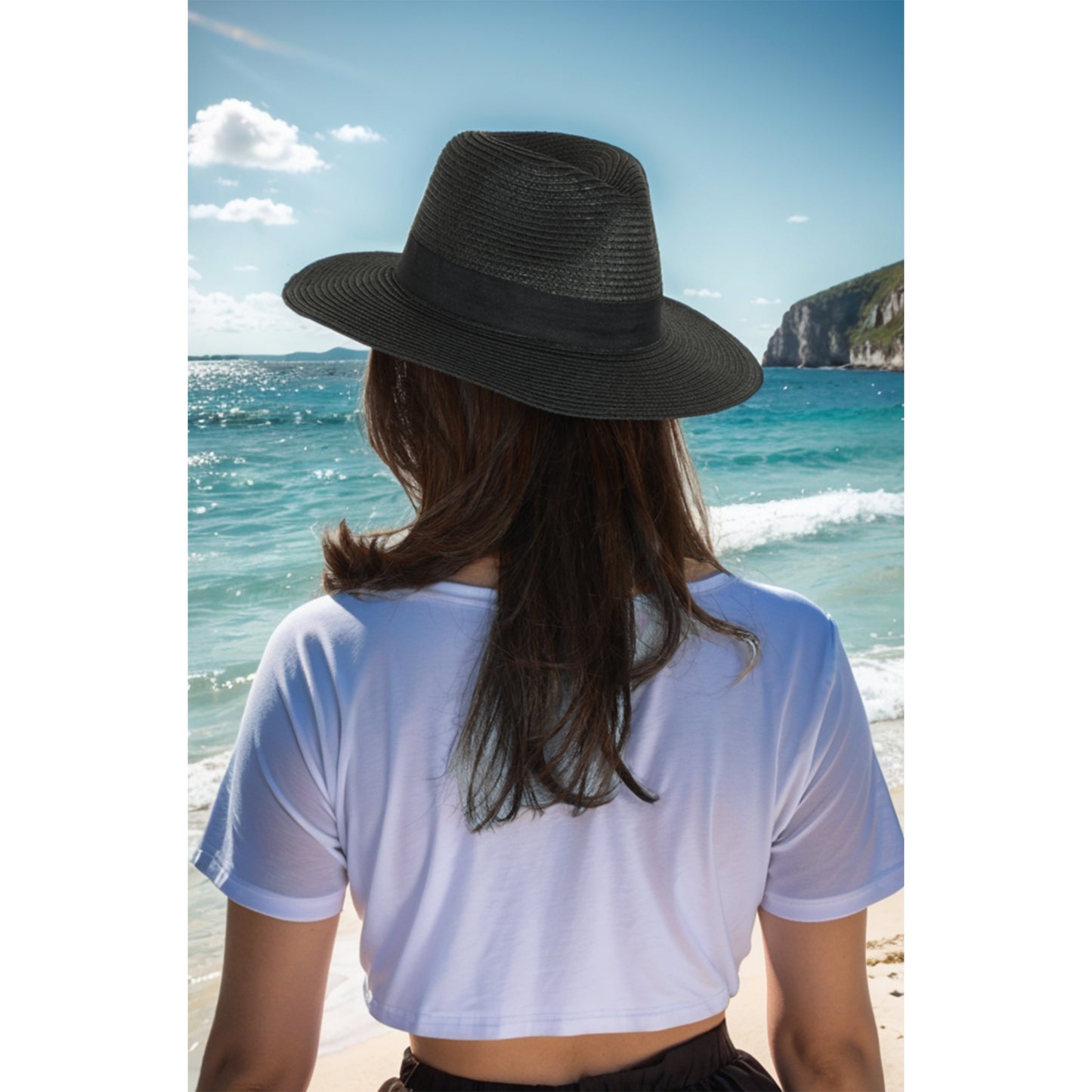 Anna-Kaci Wide Brim Straw Fedora Sun Hat with Black Band Lightweight Packable Summer Panama Hat for UV Protection
