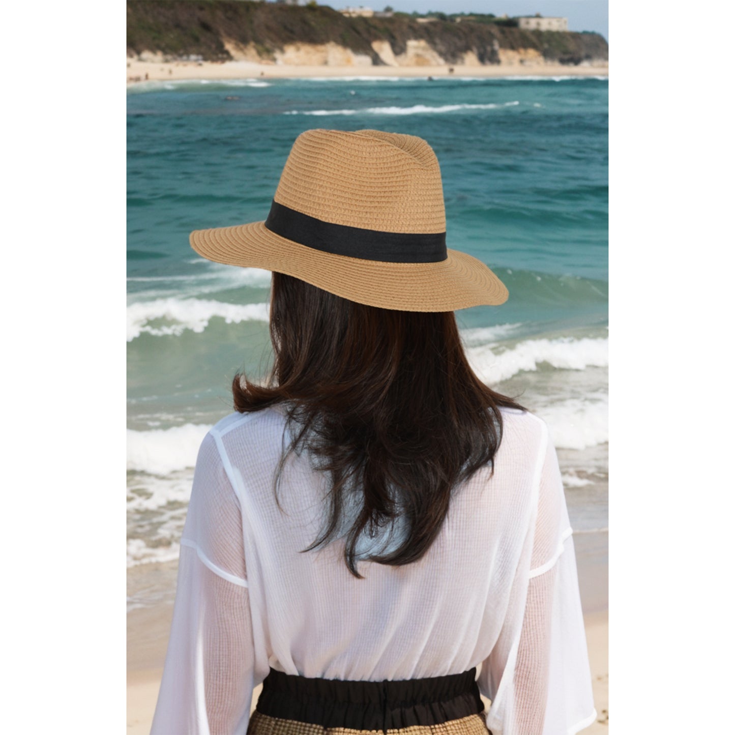 Anna-Kaci Wide Brim Straw Fedora Sun Hat with Black Band Lightweight Packable Summer Panama Hat for UV Protection
