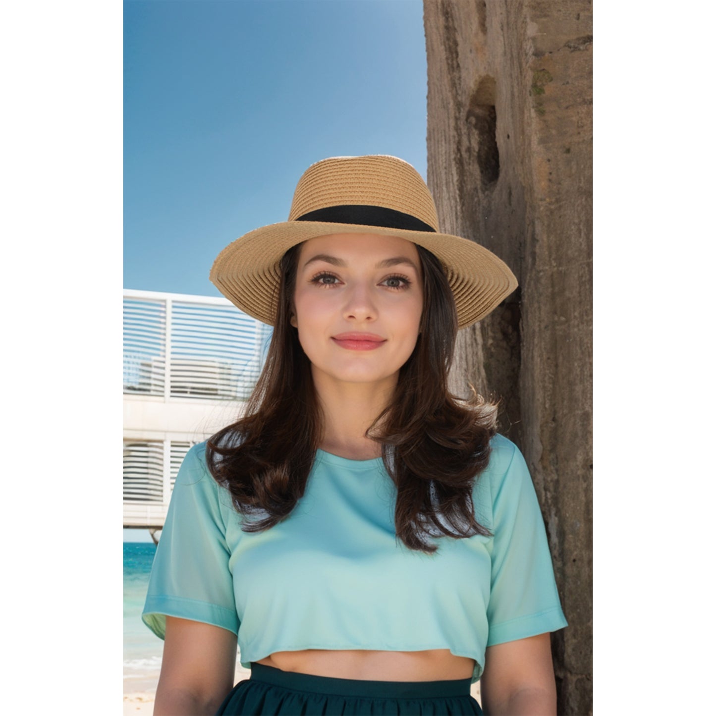 Anna-Kaci Wide Brim Straw Fedora Sun Hat with Black Band Lightweight Packable Summer Panama Hat for UV Protection