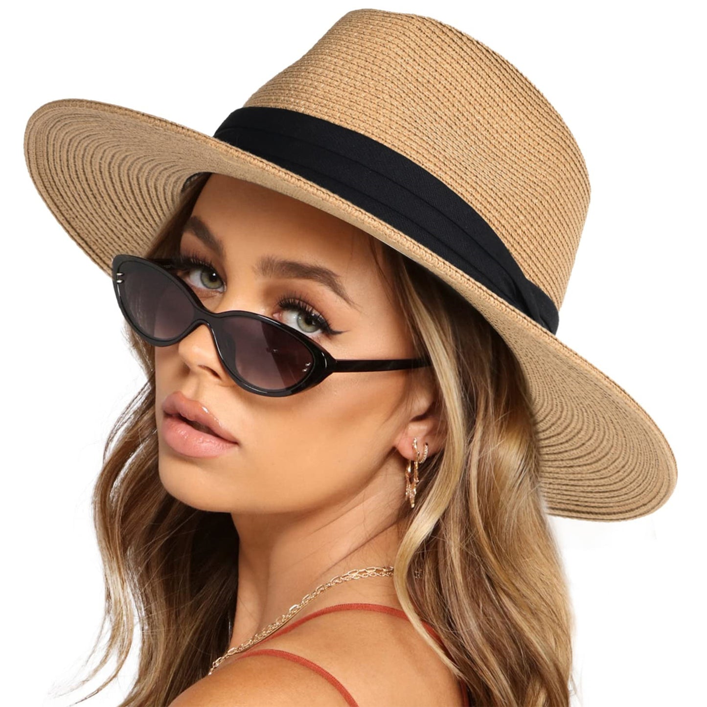 Anna-Kaci Wide Brim Straw Fedora Sun Hat with Black Band Lightweight Packable Summer Panama Hat for UV Protection