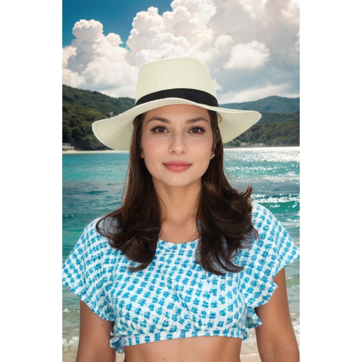 Anna-Kaci Wide Brim Straw Fedora Sun Hat with Black Band Lightweight Packable Summer Panama Hat for UV Protection