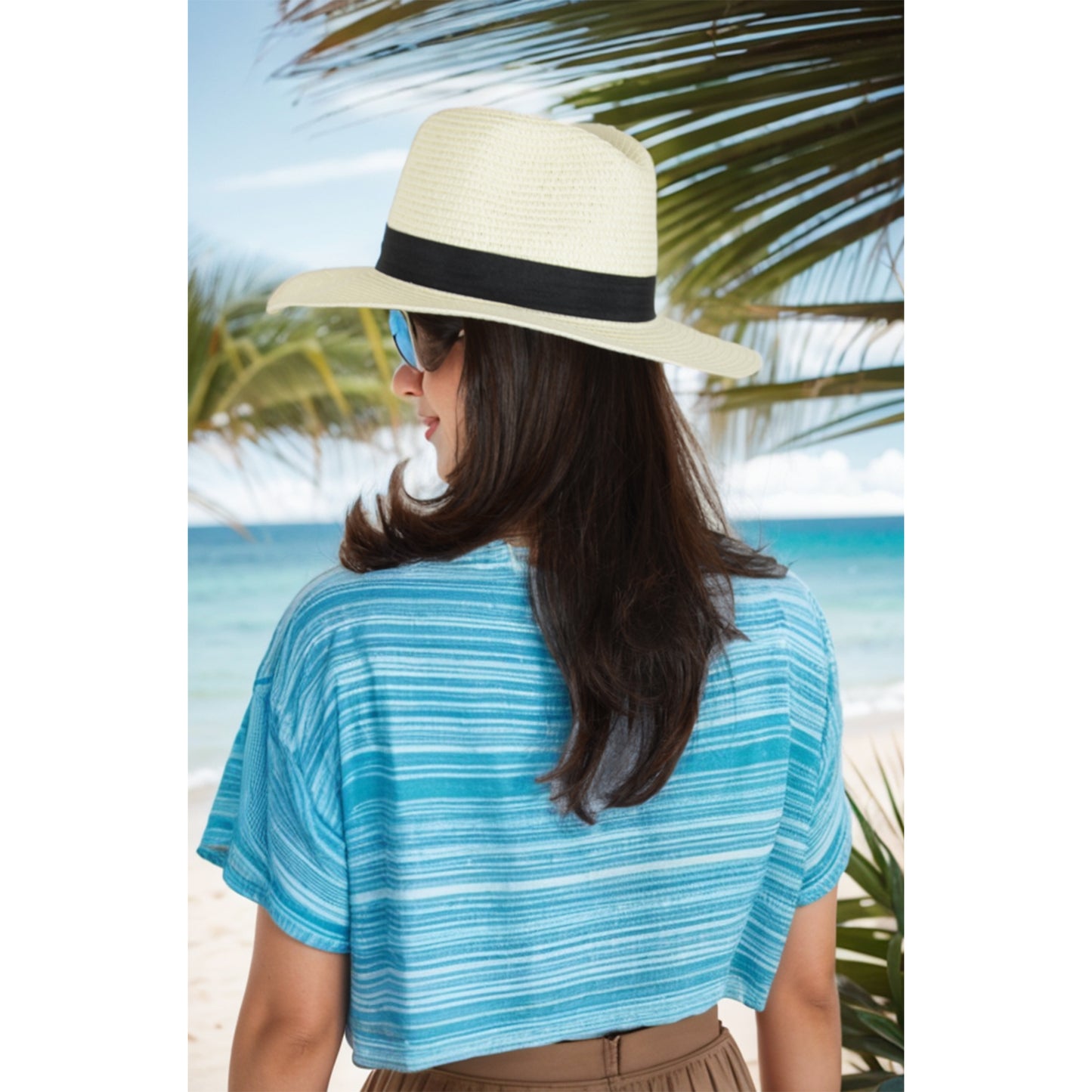 Anna-Kaci Wide Brim Straw Fedora Sun Hat with Black Band Lightweight Packable Summer Panama Hat for UV Protection