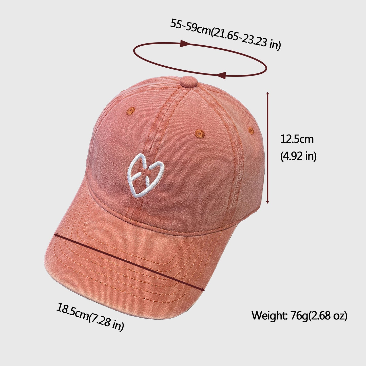 Anna-Kaci Women's Coral Vintage Washed Baseball Cap with Heart Embroidery