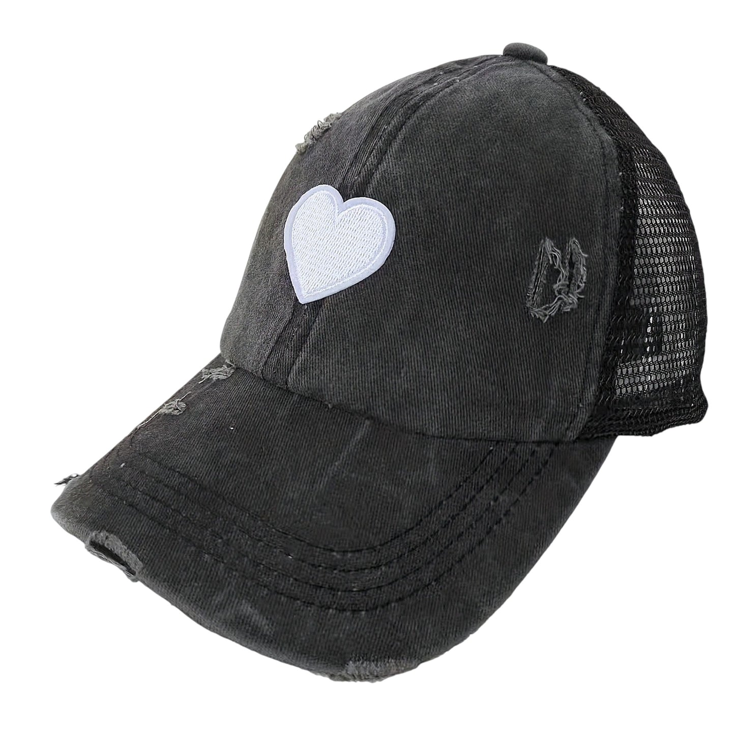 Anna-Kaci Women's Distressed Trucker Hat with White Heart Patch