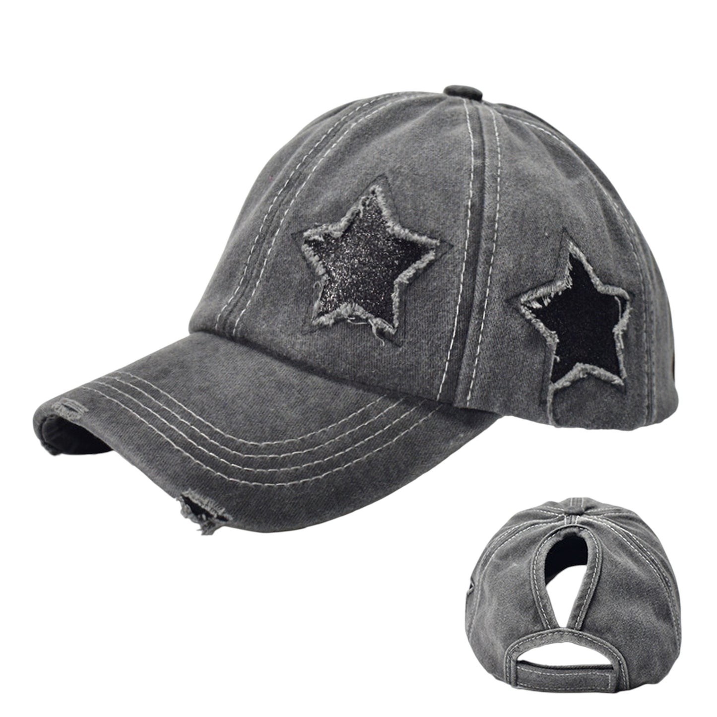 Anna-Kaci Women's Distressed Baseball Cap with Glitter Star Patches
