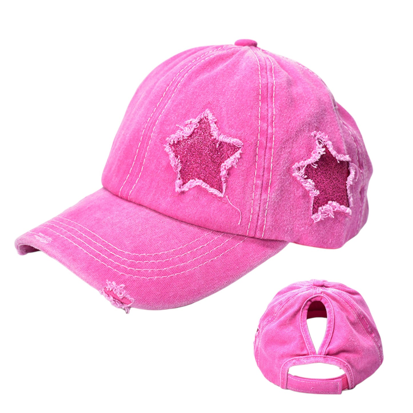 Anna-Kaci Women's Distressed Baseball Cap with Glitter Star Patches