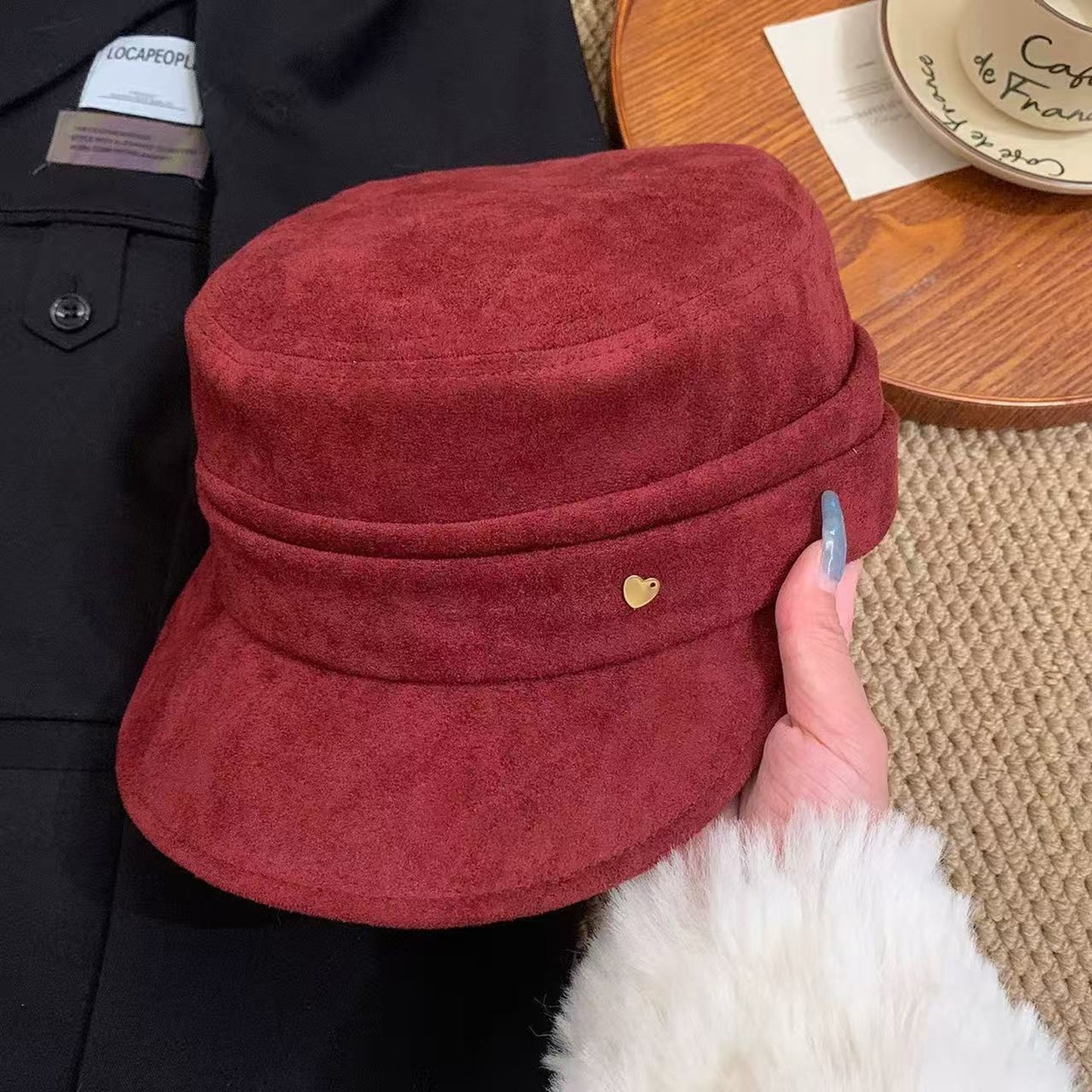 Anna-Kaci Women's Fleece Military - Style Cap with Heart Accent
