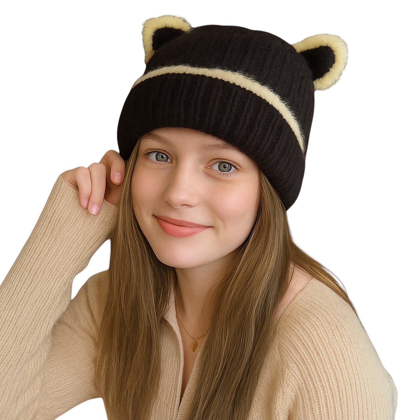 Anna-Kaci Women's Knit Beanie Hat with Adorable Bear Ears and Soft Ribbed Texture