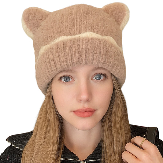 Anna-Kaci Women's Knit Beanie Hat with Adorable Bear Ears and Soft Ribbed Texture