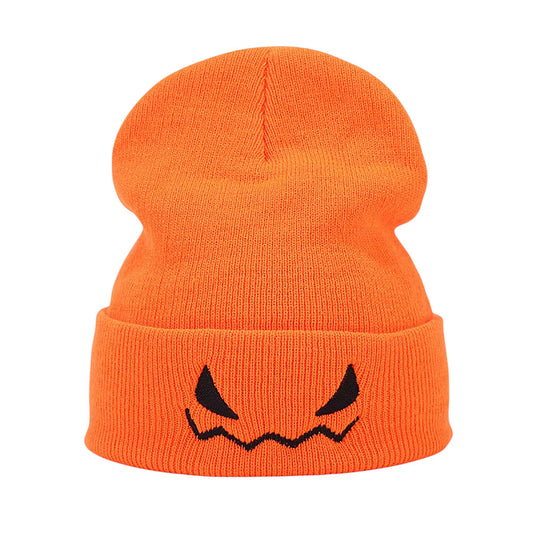 Anna-Kaci Women's Knit Beanie Hat with Pumpkin Face Embroidery Halloween Themed Design