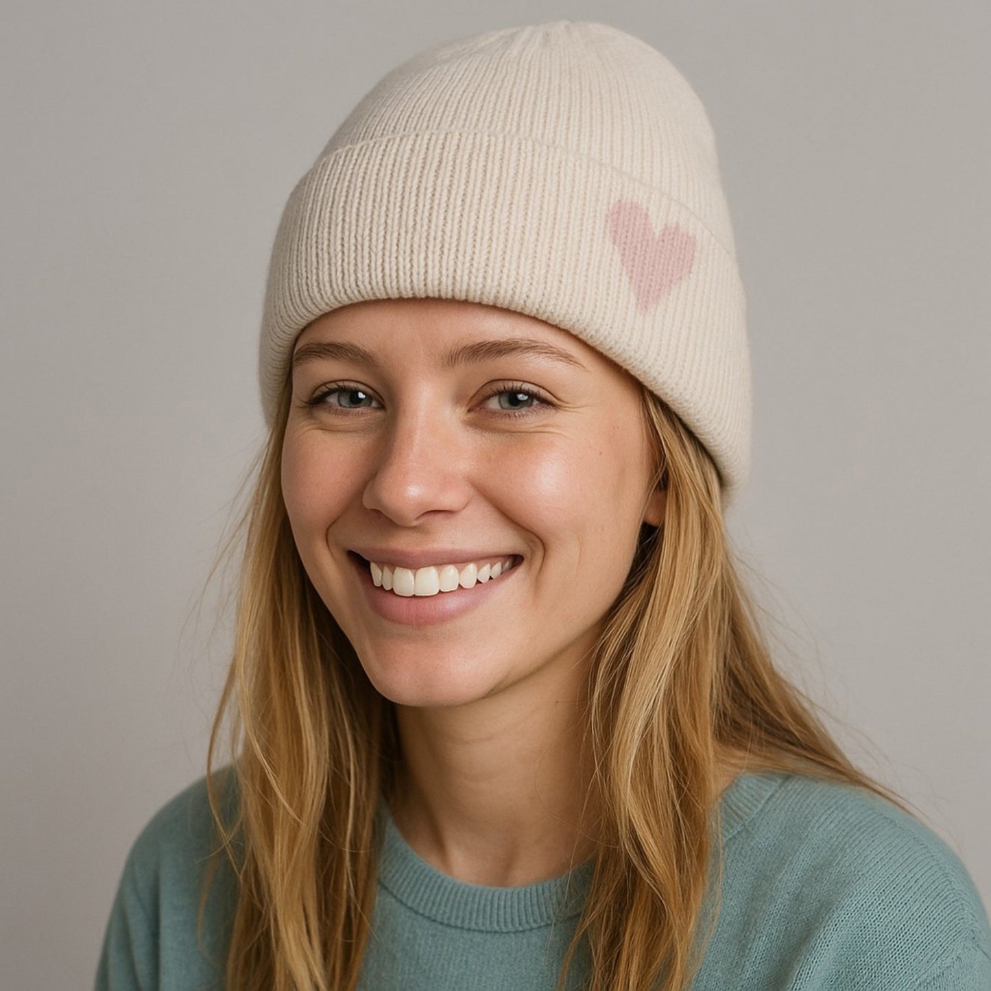 Anna-Kaci Women's Knit Beanie Hat with Embroidered Heart Detail and Folded Cuff