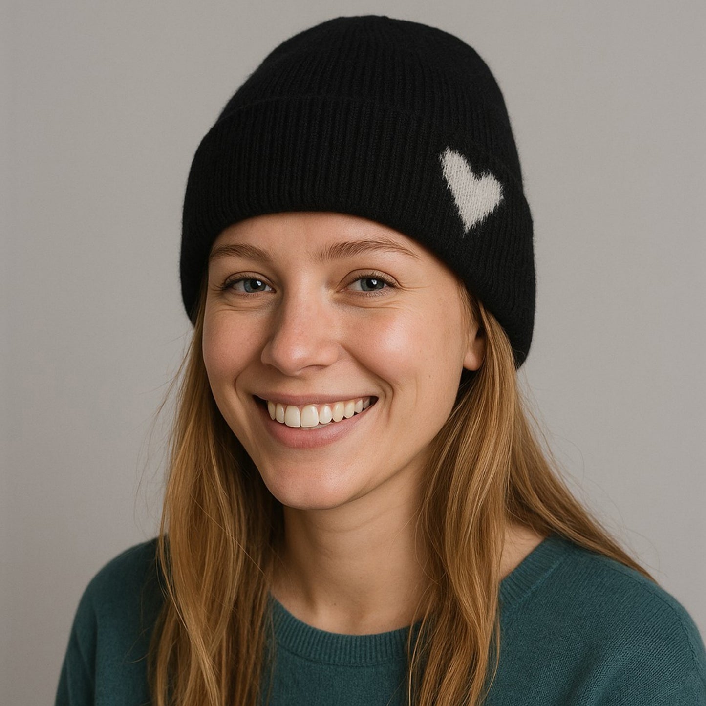 Anna-Kaci Women's Knit Beanie Hat with Embroidered Heart Detail and Folded Cuff