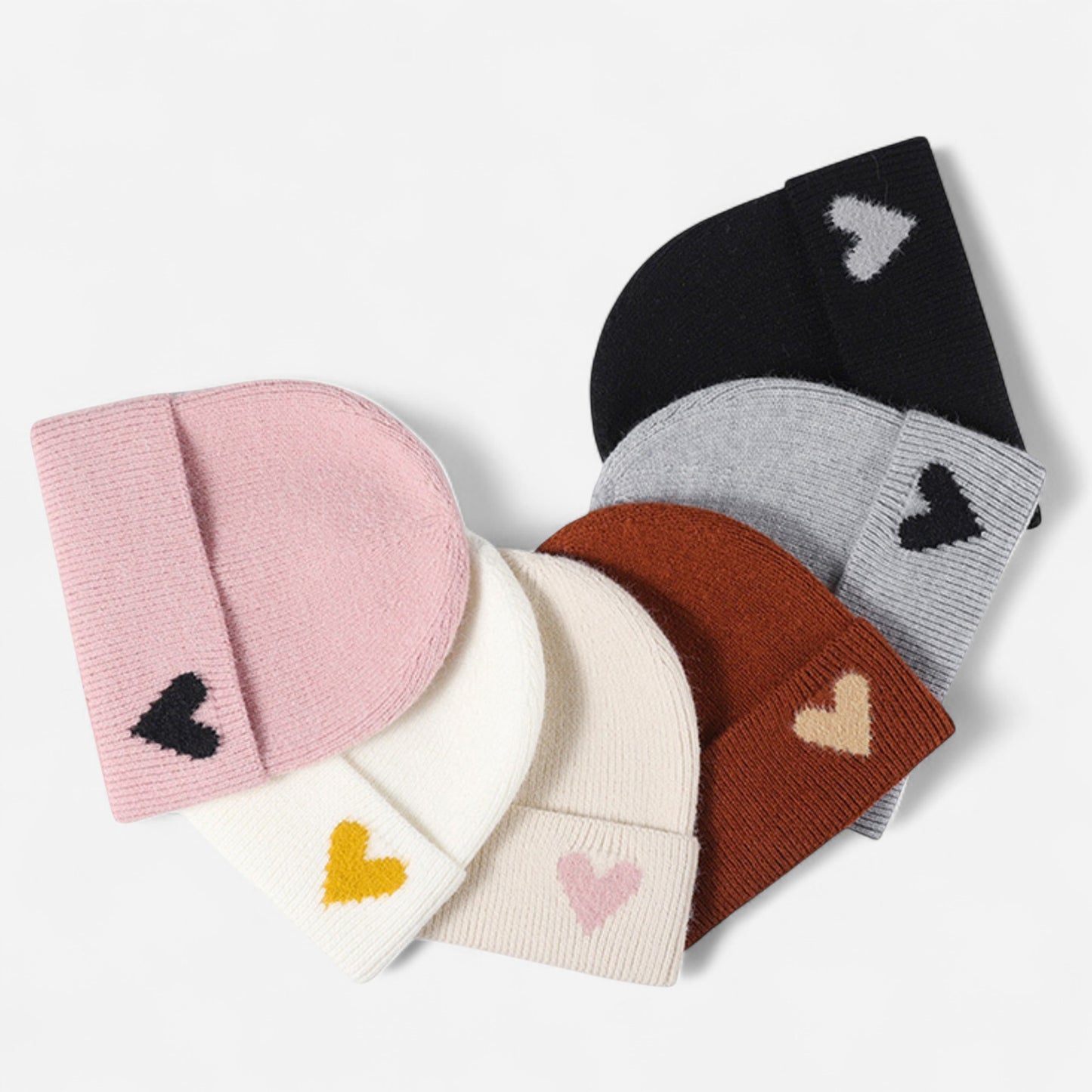 Anna-Kaci Women's Knit Beanie Hat with Embroidered Heart Detail and Folded Cuff
