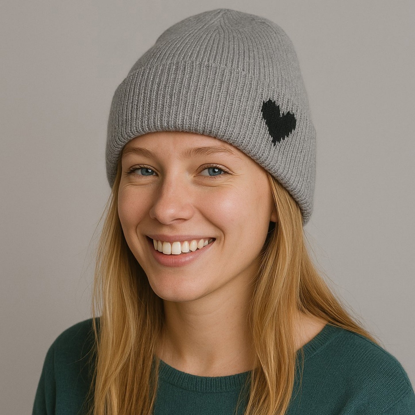 Anna-Kaci Women's Knit Beanie Hat with Embroidered Heart Detail and Folded Cuff