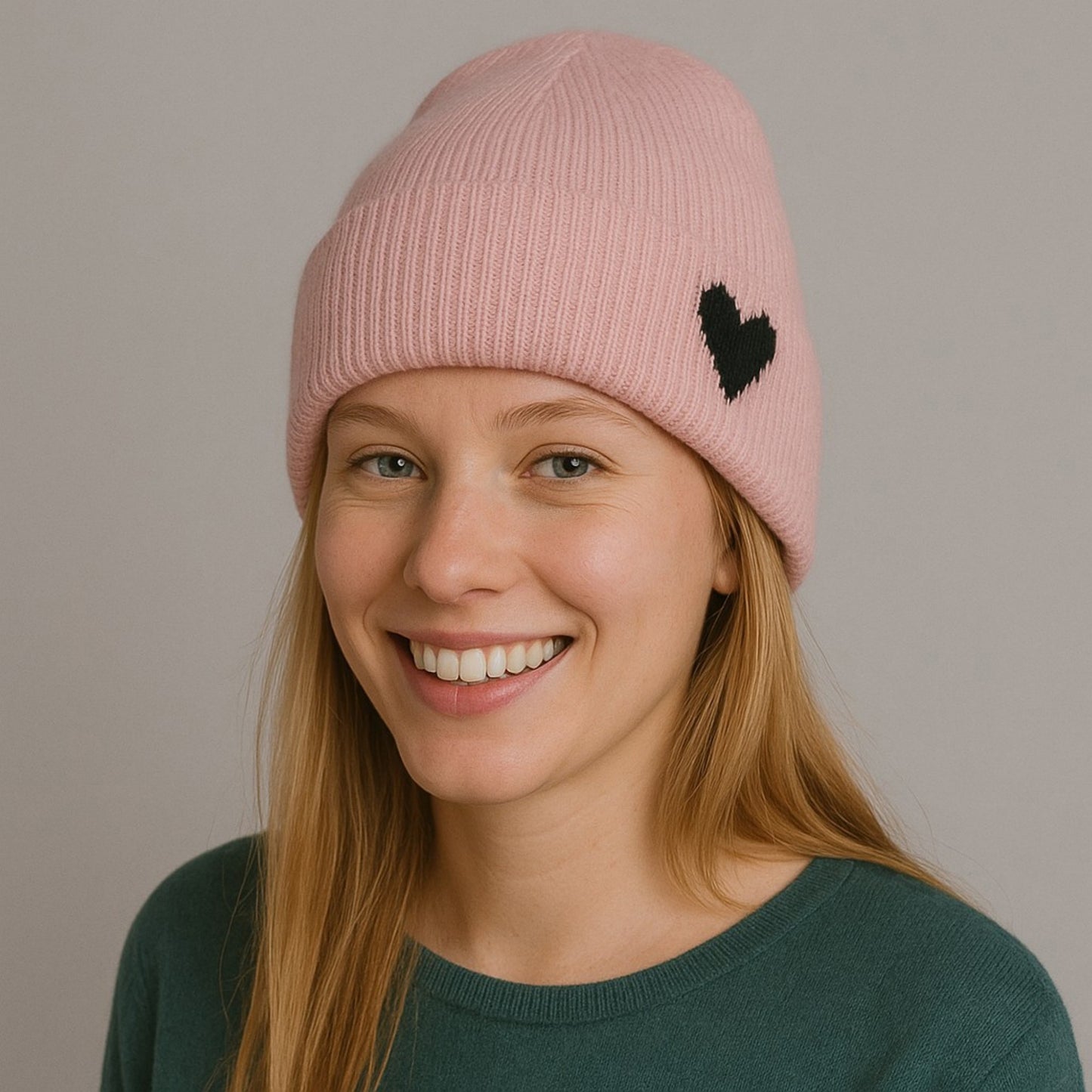 Anna-Kaci Women's Knit Beanie Hat with Embroidered Heart Detail and Folded Cuff