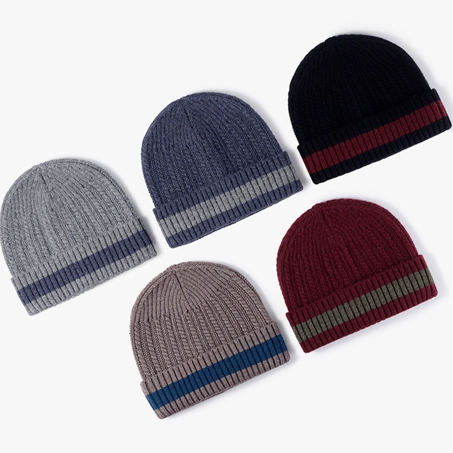Anna-Kaci Unisex Rib Knit Beanie with Folded Cuff and Contrast Stripe Detail