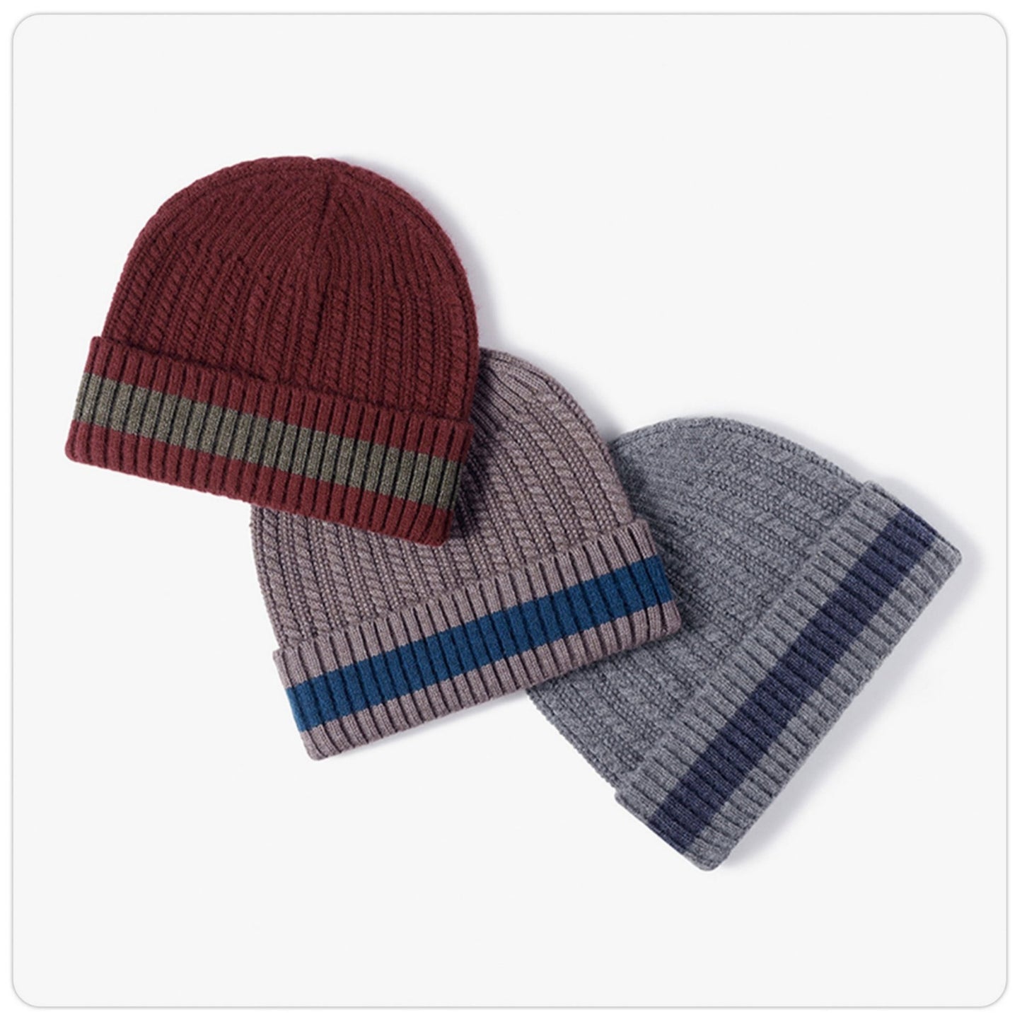 Anna-Kaci Unisex Rib Knit Beanie with Folded Cuff and Contrast Stripe Detail