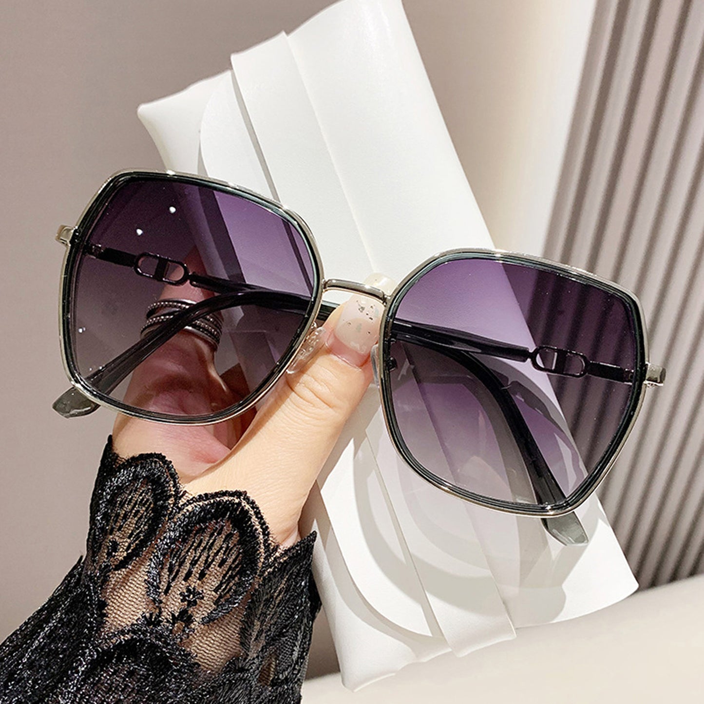 Anna-Kaci Women's Oversized Square Sunglasses with Dual Layer Frame and Gold Temple Accent UV400 Dark Lenses