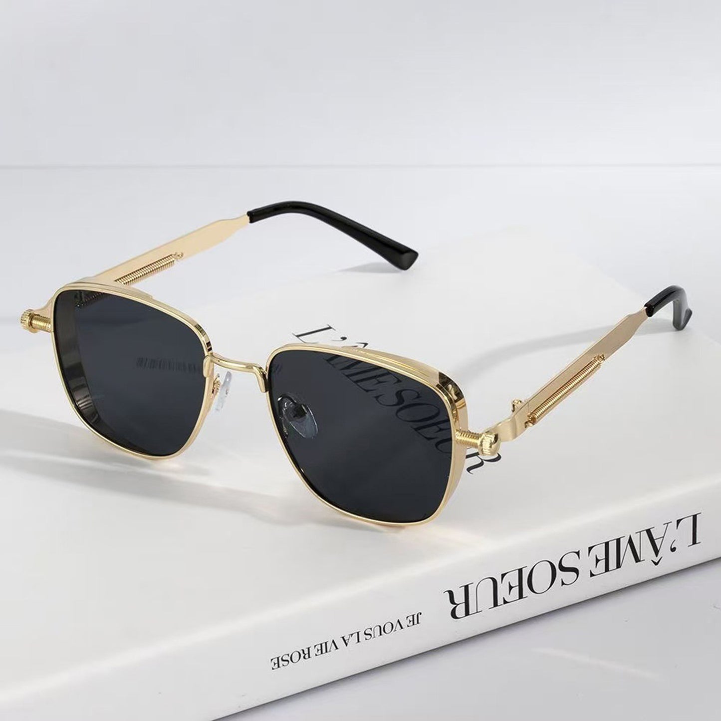 Anna-Kaci Unisex Geometric Square Sunglasses with Metal Frame and Industrial Side Bar Detailing