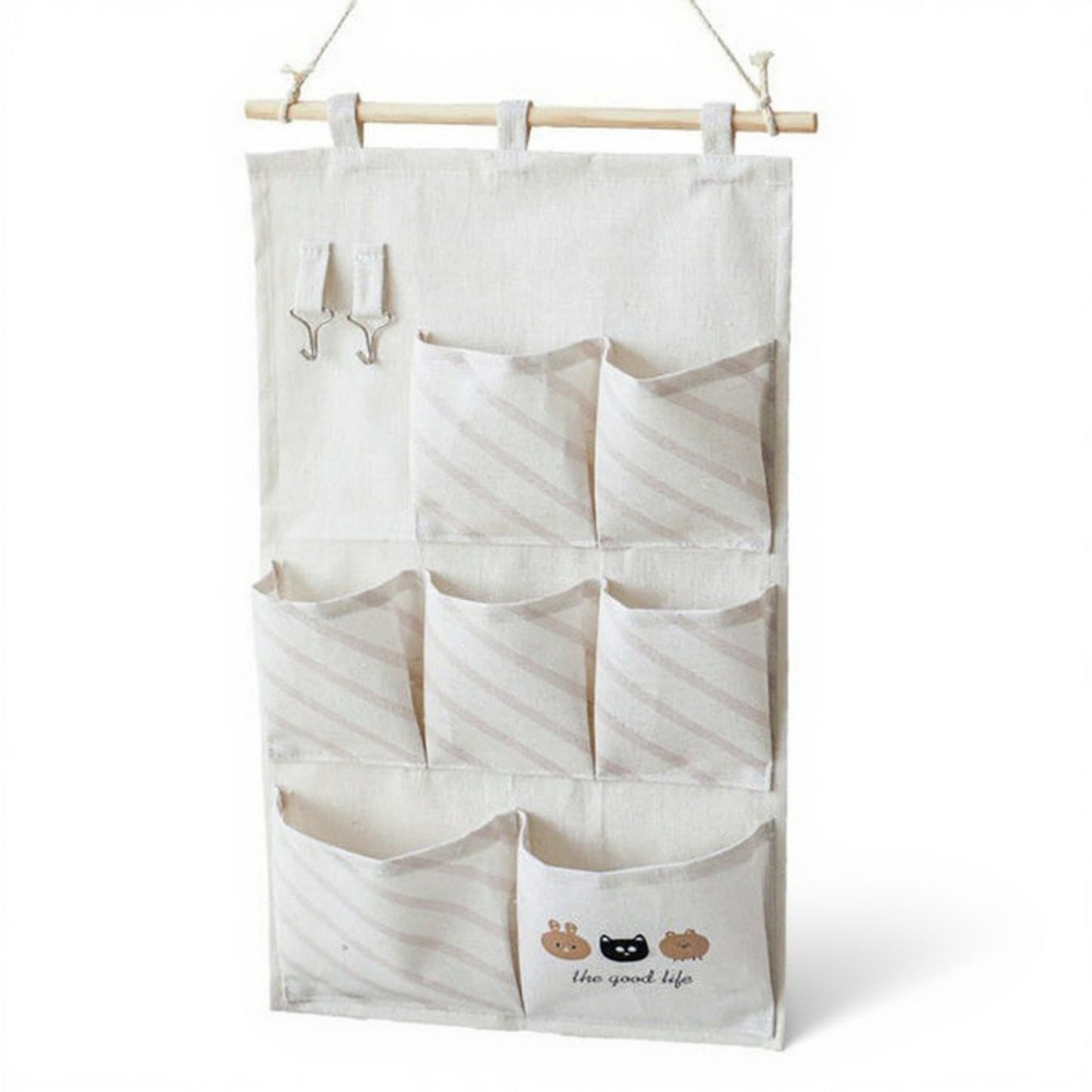 Anna-Kaci Hanging Fabric Storage Organizer with Wooden Rod and Multi-Pocket Design