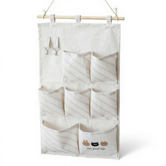 Anna-Kaci Hanging Fabric Storage Organizer with Wooden Rod and Multi-Pocket Design