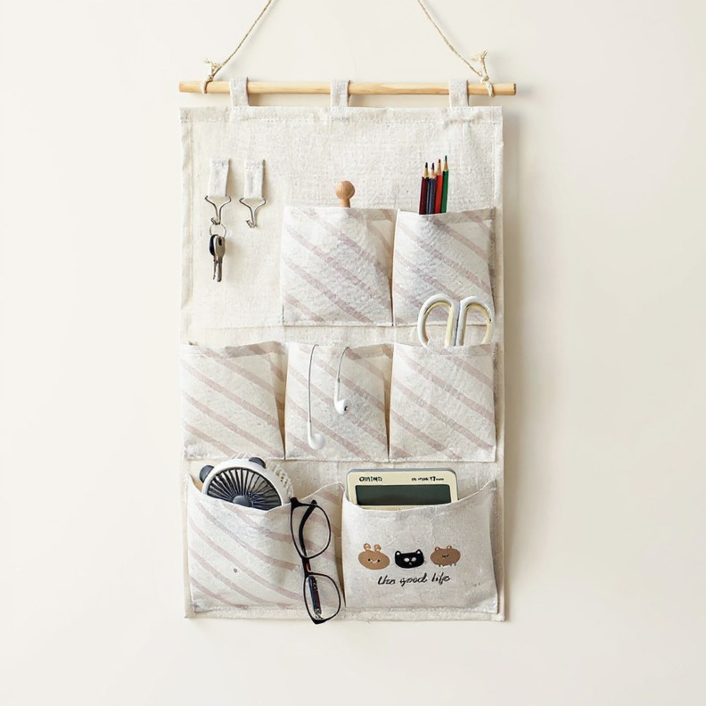 Anna-Kaci Hanging Fabric Storage Organizer with Wooden Rod and Multi-Pocket Design