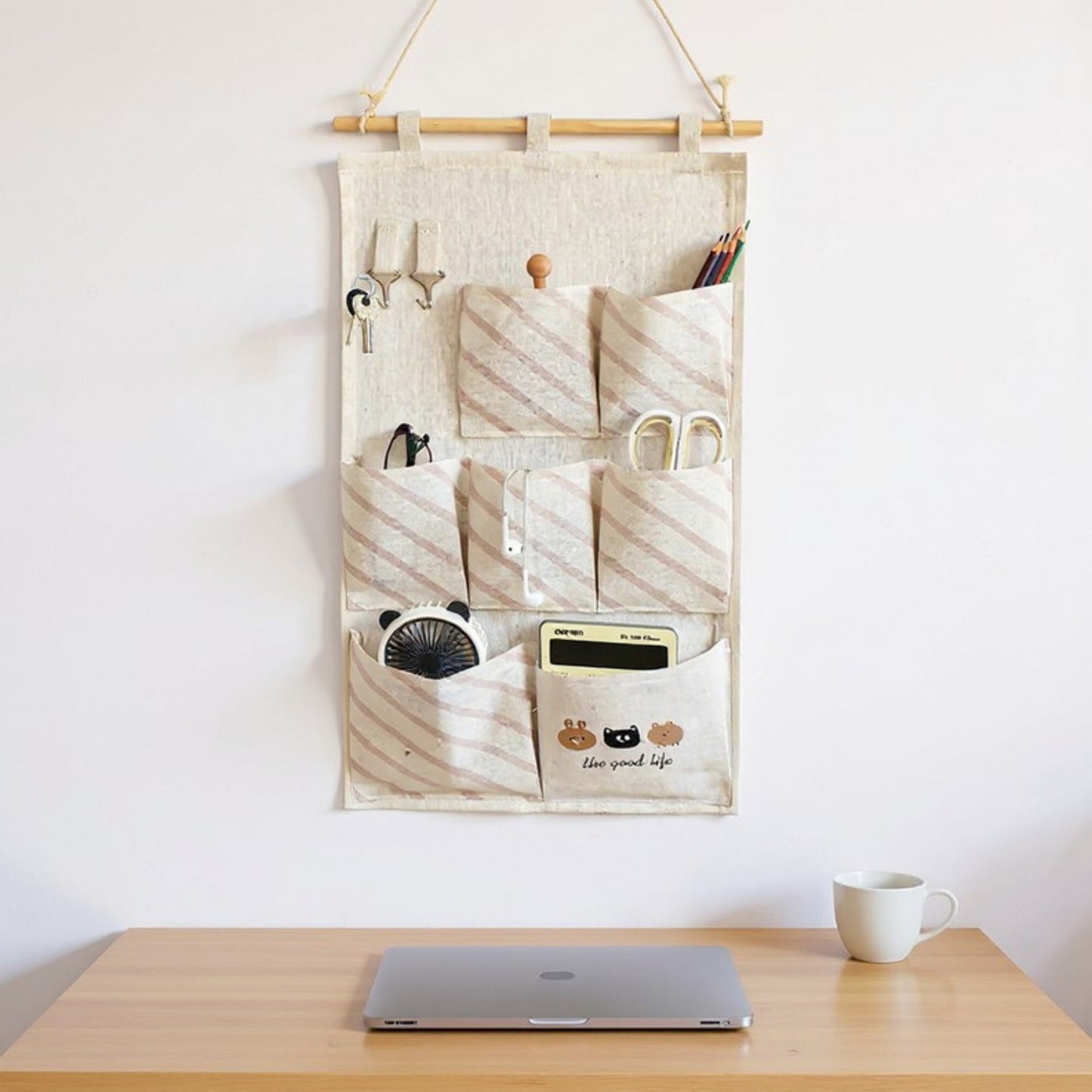 Anna-Kaci Hanging Fabric Storage Organizer with Wooden Rod and Multi-Pocket Design