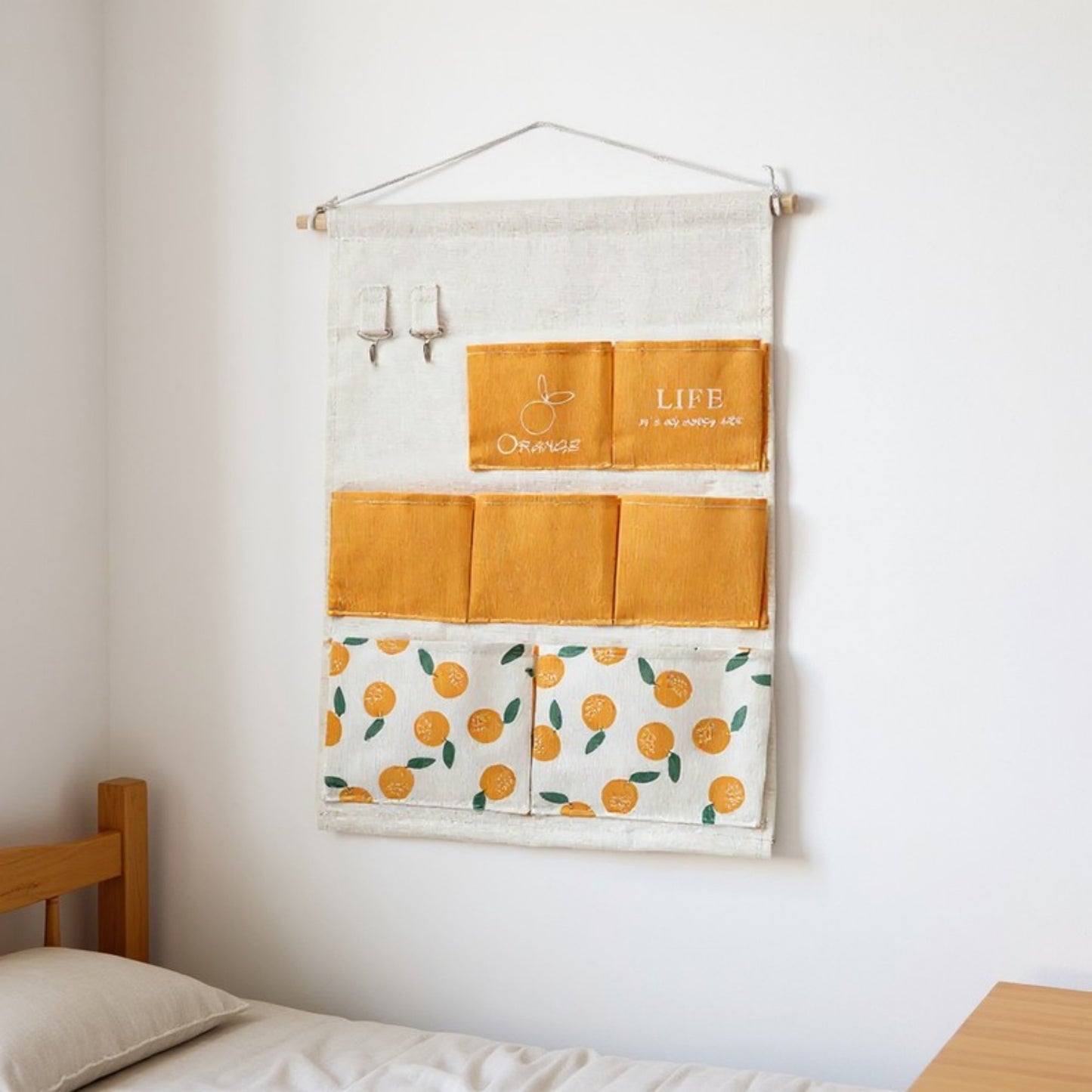 Anna-Kaci Hanging Wall Storage Organizer with Multiple Fabric Pockets and Orange Fruit Print Design