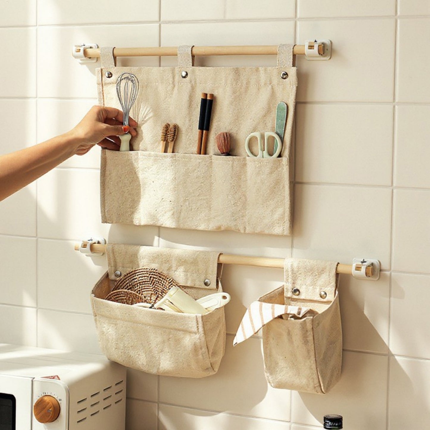 Anna-Kaci Hanging Wall Storage Basket with Front Pocket and Reinforced Canvas Construction