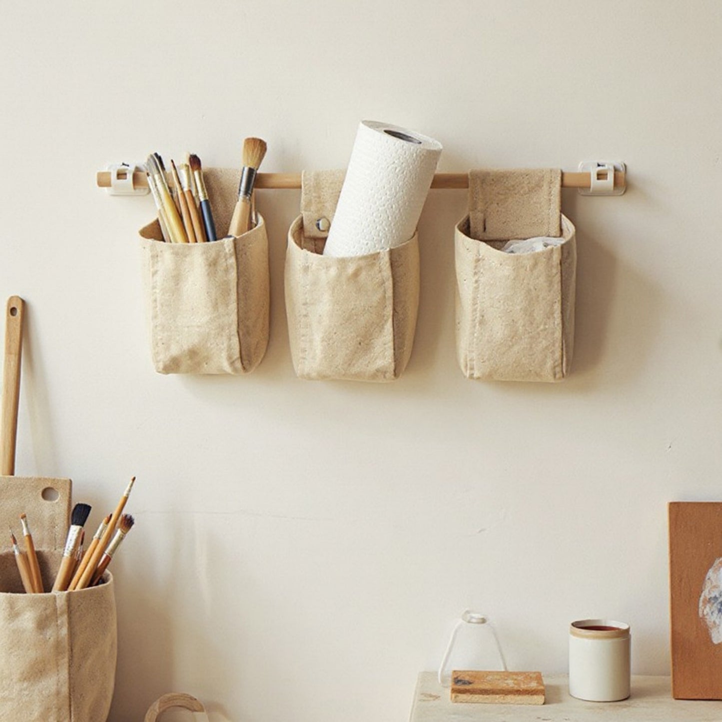 Anna-Kaci Hanging Wall Storage Basket with Front Pocket and Reinforced Canvas Construction