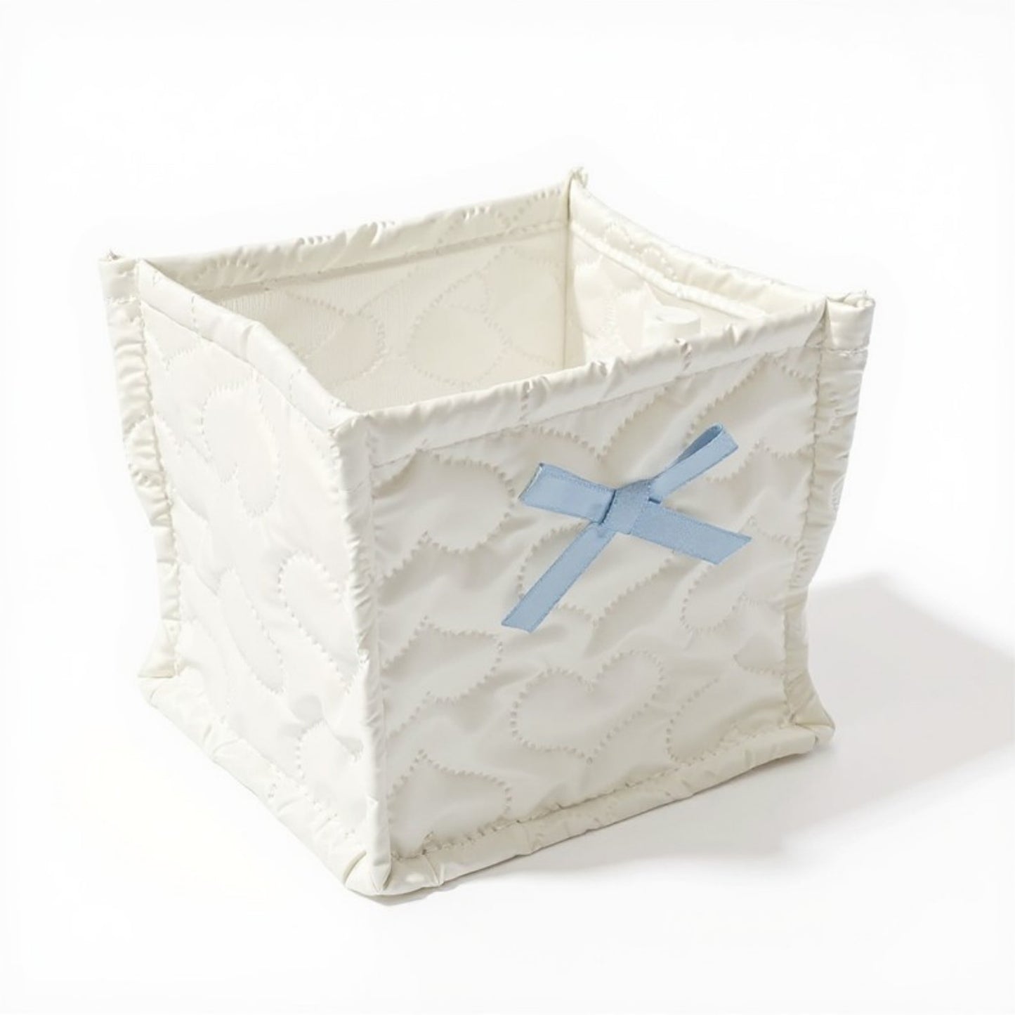 Anna-Kaci Quilted Storage Basket with Heart Stitching and Bow Accent
