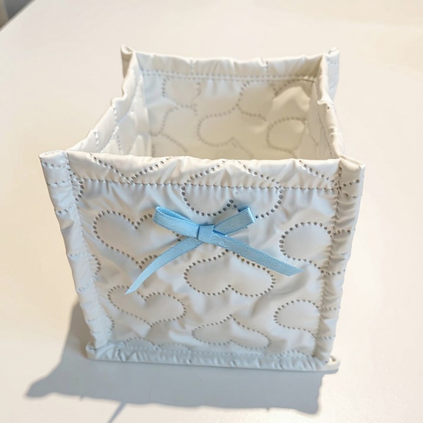 Anna-Kaci Quilted Storage Basket with Heart Stitching and Bow Accent