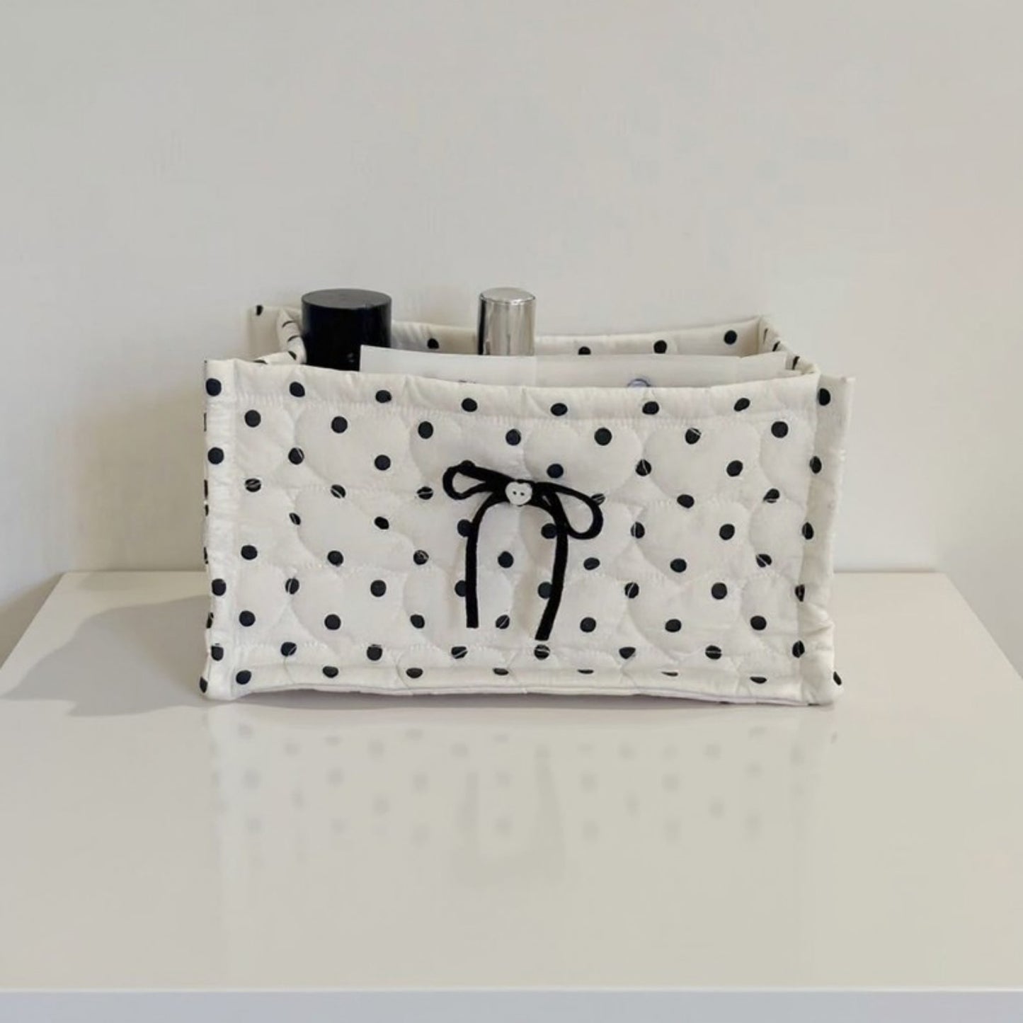 Anna-Kaci Quilted Polka Dot Storage Basket with Bow Accent and Soft Fabric Design