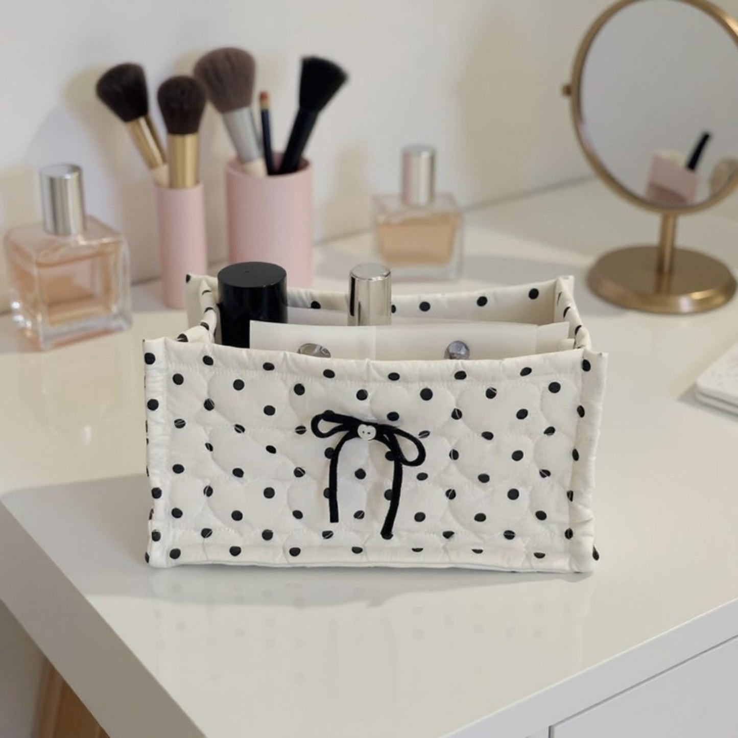 Anna-Kaci Quilted Polka Dot Storage Basket with Bow Accent and Soft Fabric Design