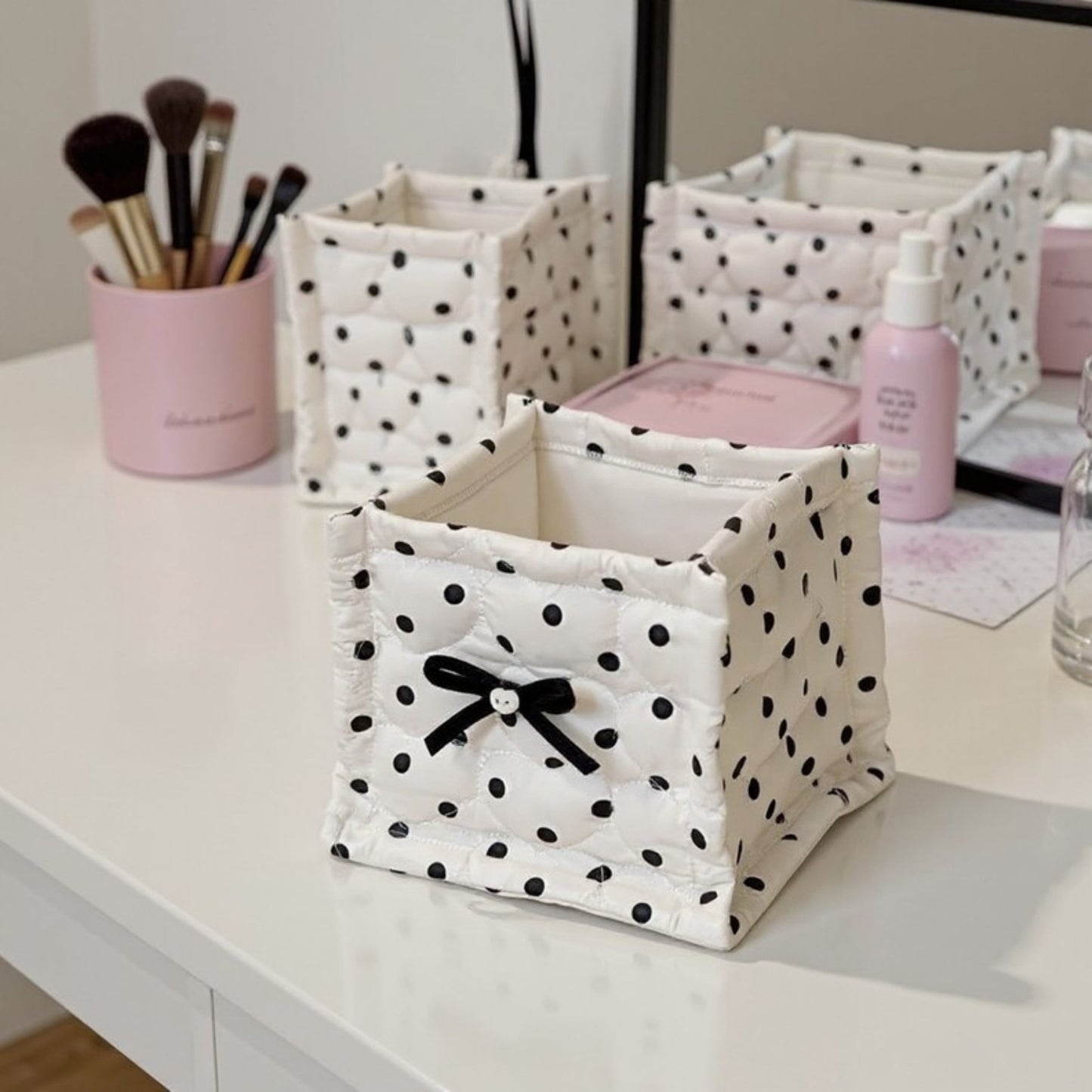 Anna-Kaci Quilted Polka Dot Storage Basket with Bow Accent and Soft Fabric Design
