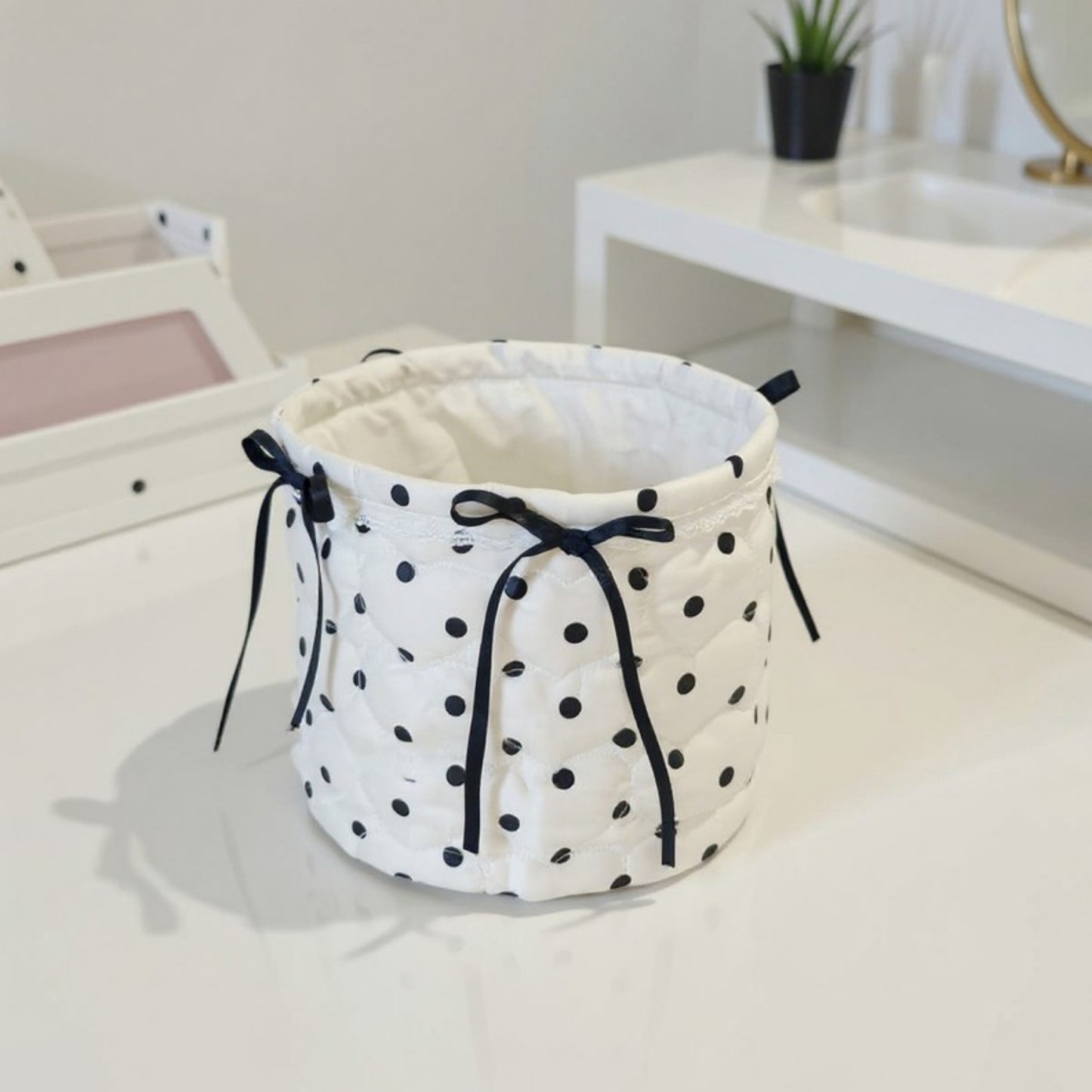 Anna-Kaci Quilted Polka Dot Storage Basket with Bow Accent and Soft Fabric Design