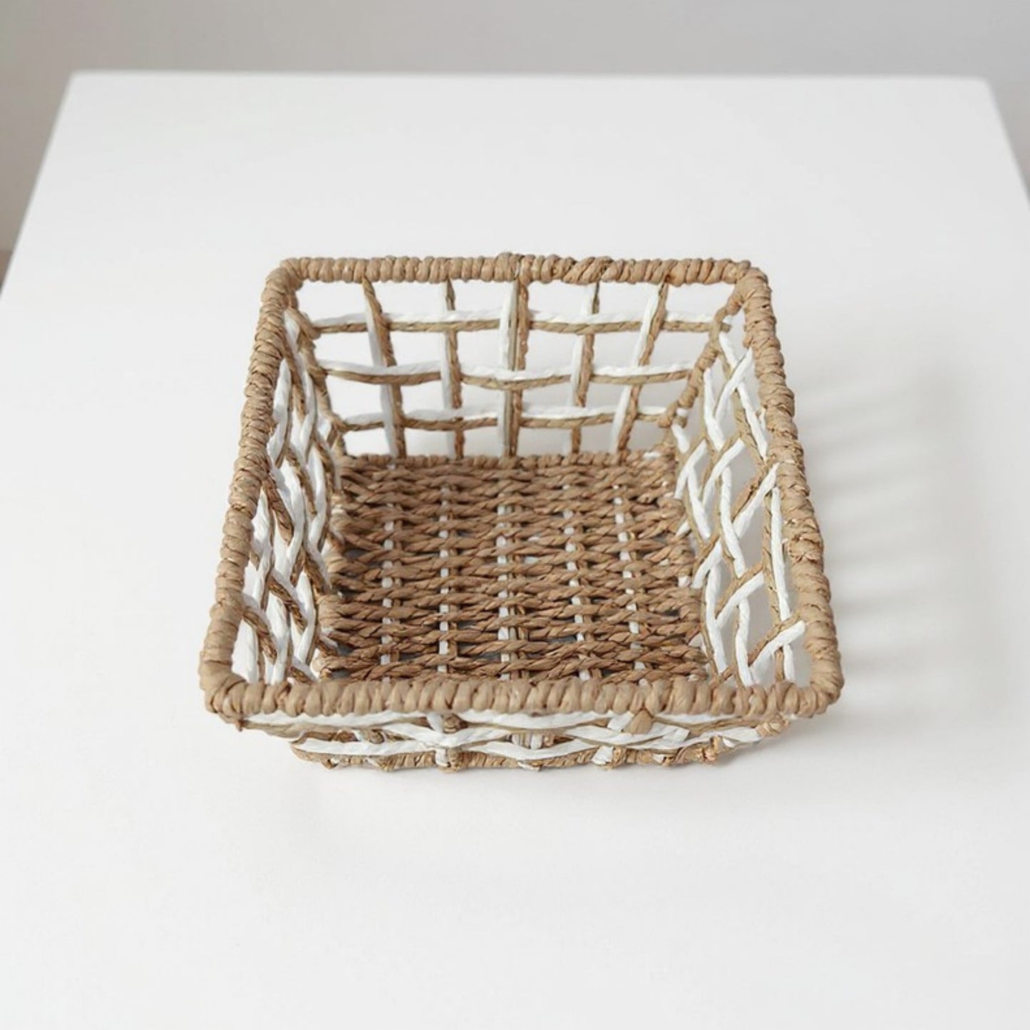 Anna-Kaci Open Weave Rattan Storage Basket with Reinforced Frame and Two-Tone Design