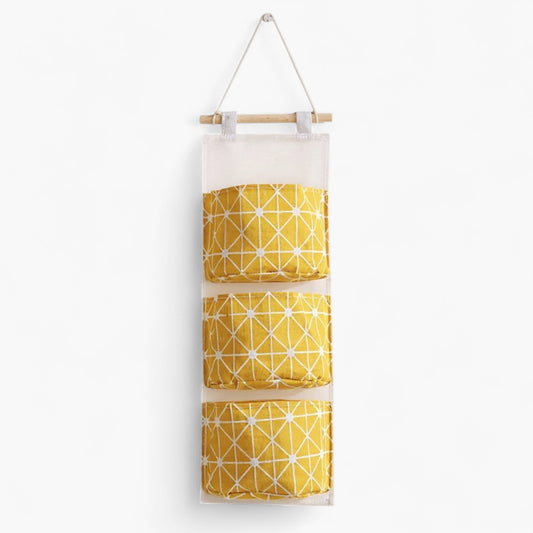 Anna-Kaci Hanging Wall Organizer with Three Fabric Pockets and Wooden Rod Design