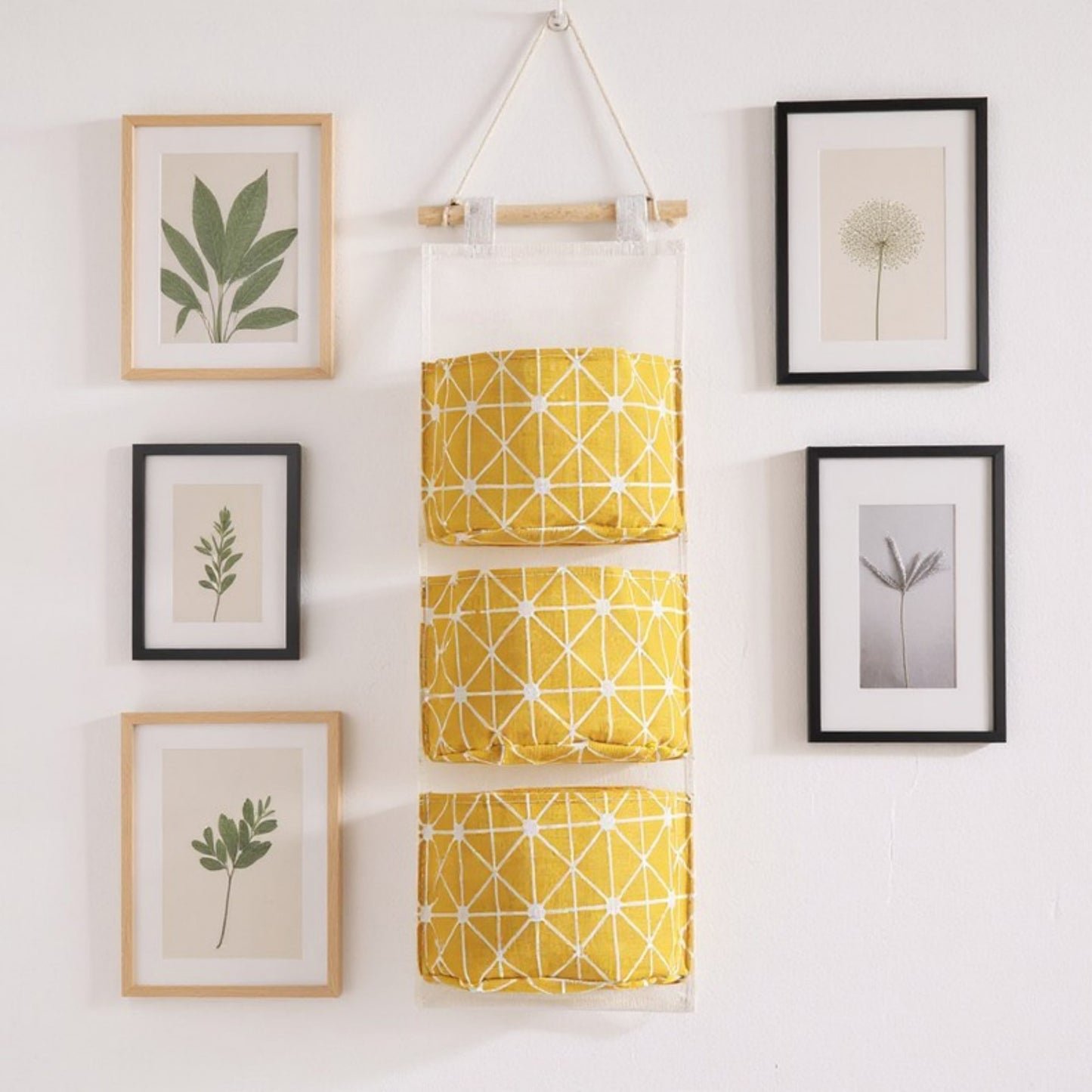 Anna-Kaci Hanging Wall Organizer with Three Fabric Pockets and Wooden Rod Design