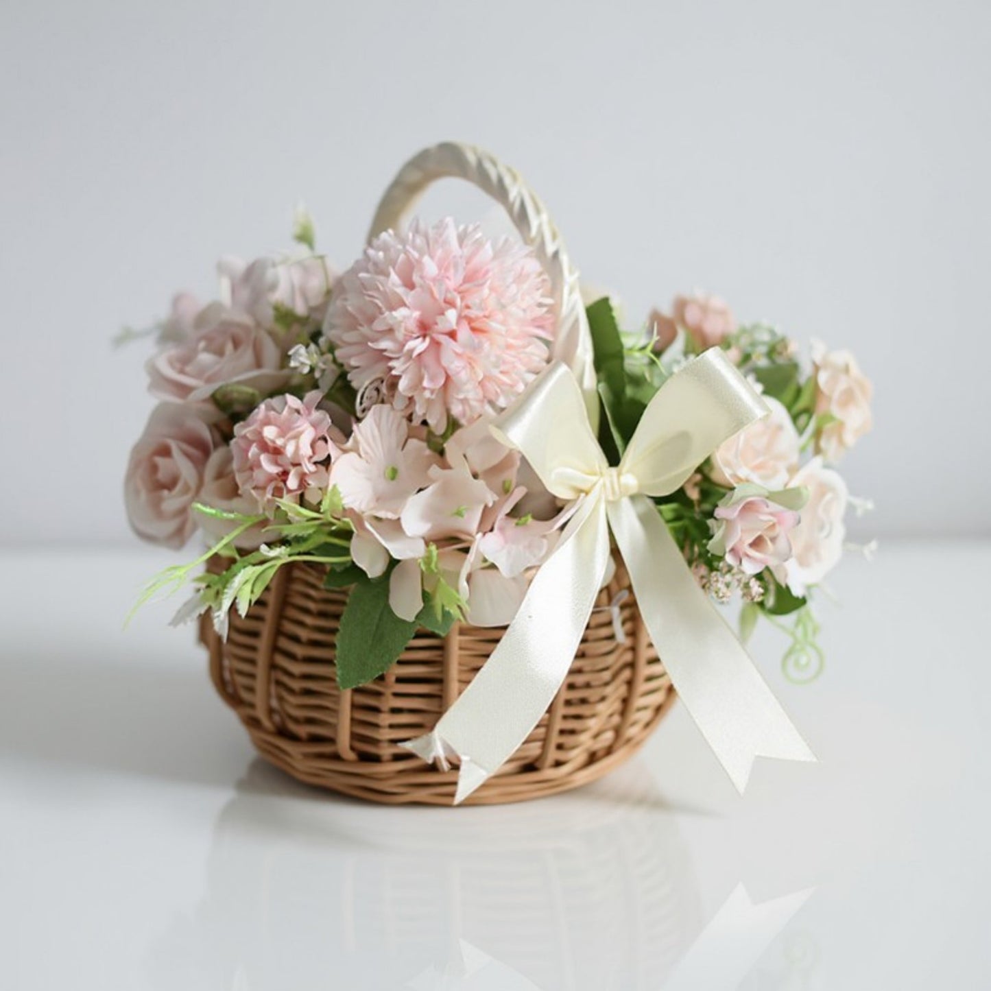 Anna-Kaci Round Woven Basket with Handle and Decorative Ribbon Accent