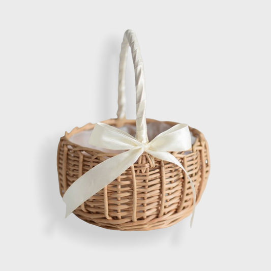 Anna-Kaci Round Woven Basket with Handle and Decorative Ribbon Accent