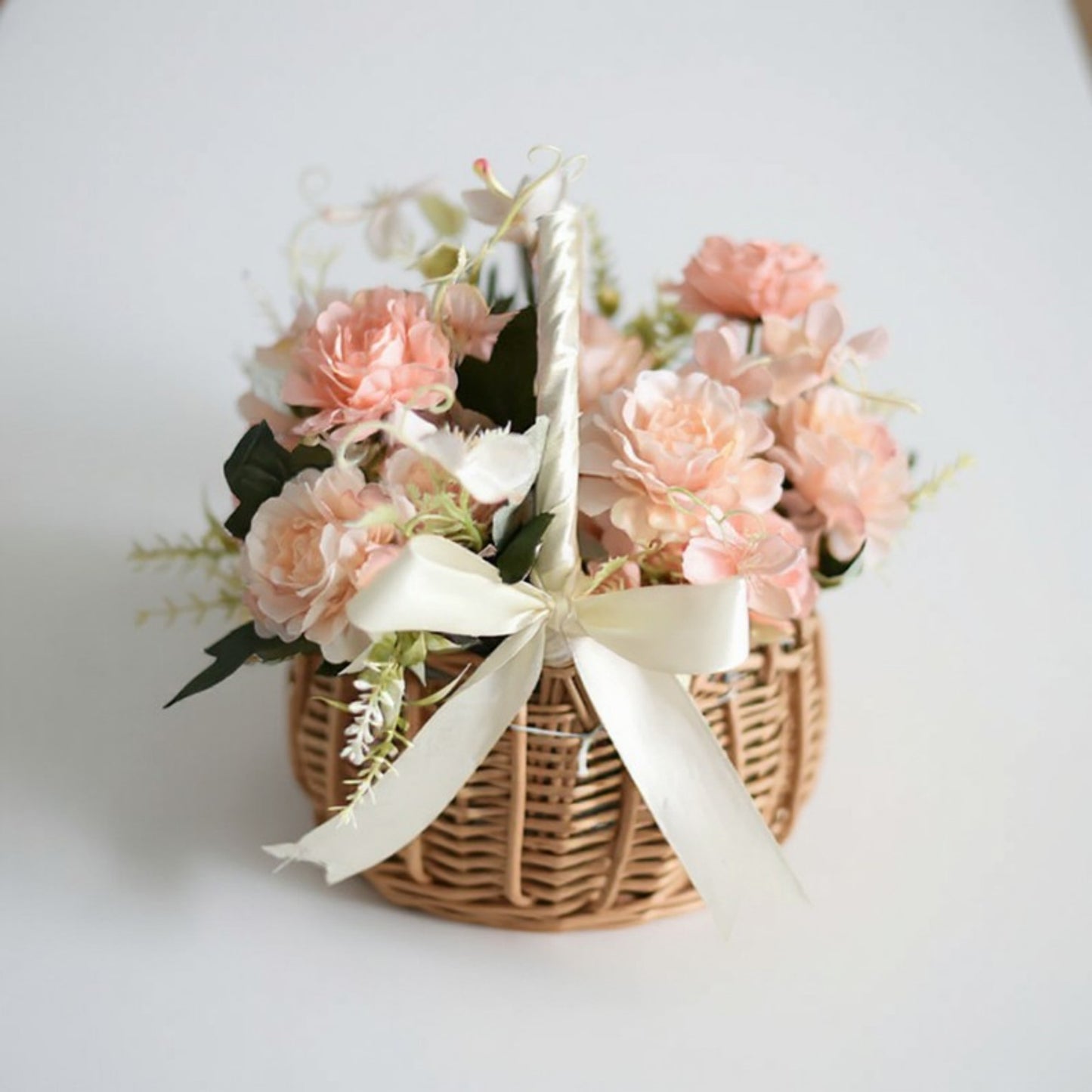 Anna-Kaci Round Woven Basket with Handle and Decorative Ribbon Accent