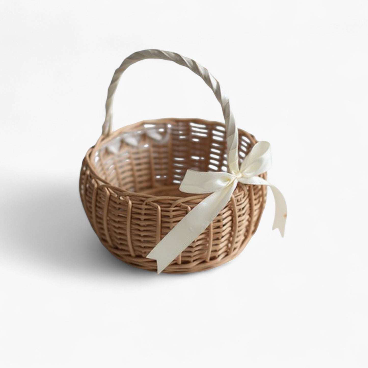 Anna-Kaci Round Woven Basket with Handle and Decorative Ribbon Accent