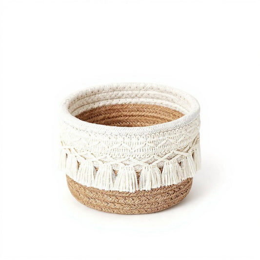 Anna-Kaci Round Woven Storage Basket with Tassel Fringe and Textured Rope Design