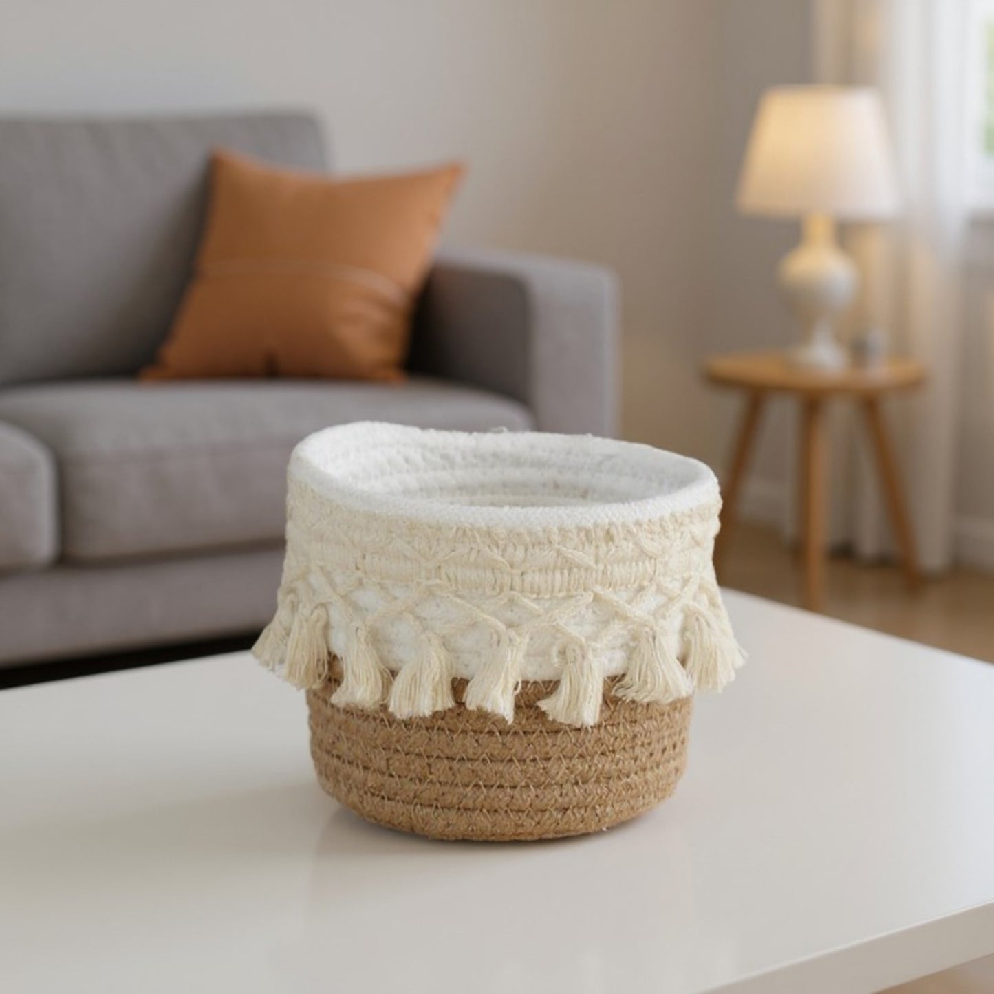 Anna-Kaci Round Woven Storage Basket with Tassel Fringe and Textured Rope Design