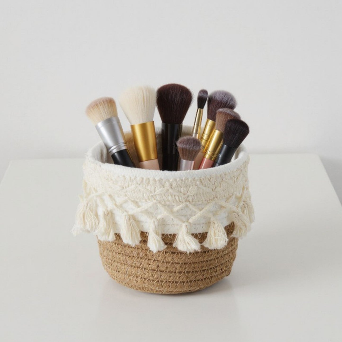 Anna-Kaci Round Woven Storage Basket with Tassel Fringe and Textured Rope Design
