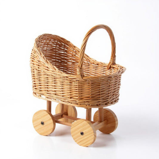 Anna-Kaci Wicker Toy Baby Stroller Basket with Wooden Wheels and Handle