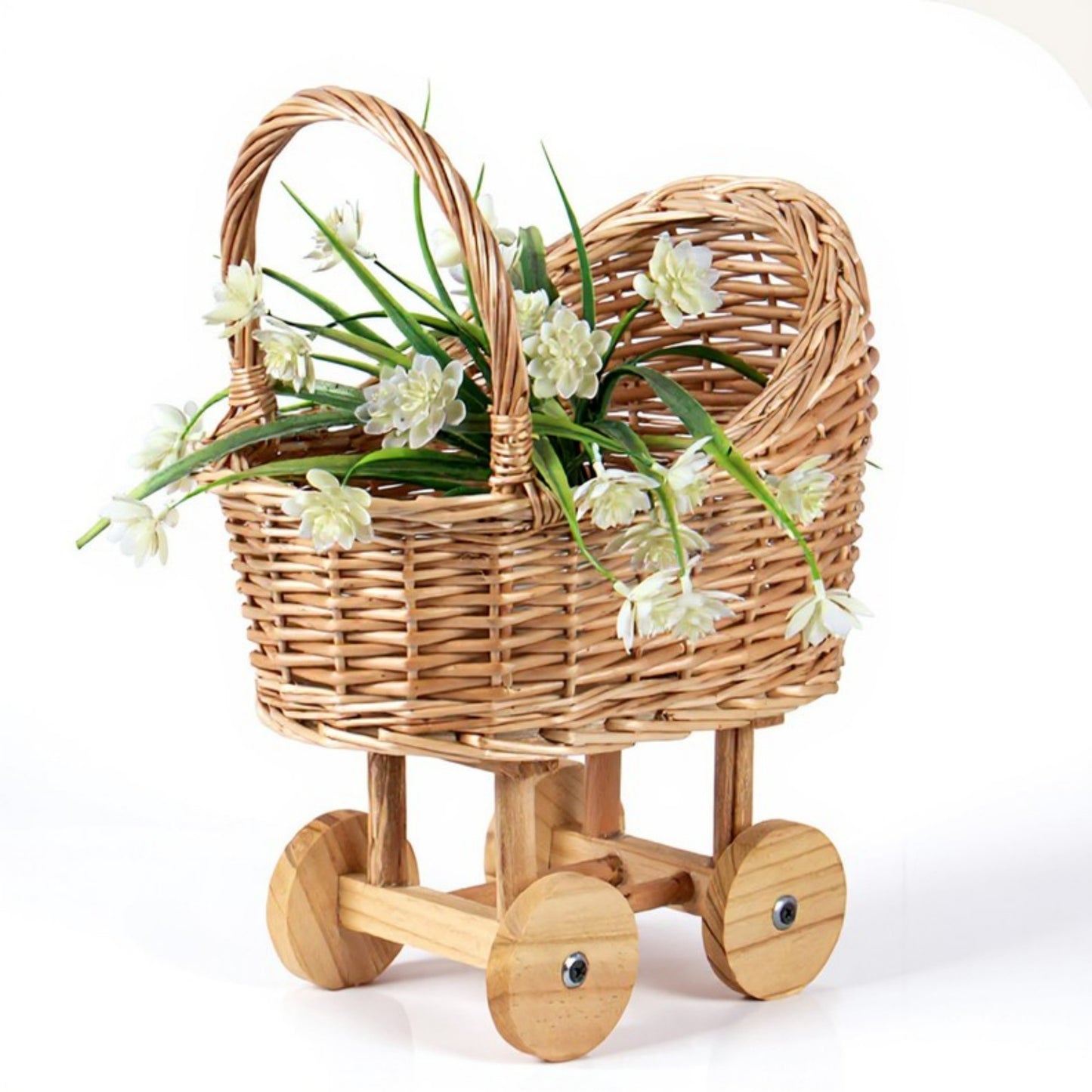 Anna-Kaci Wicker Toy Baby Stroller Basket with Wooden Wheels and Handle