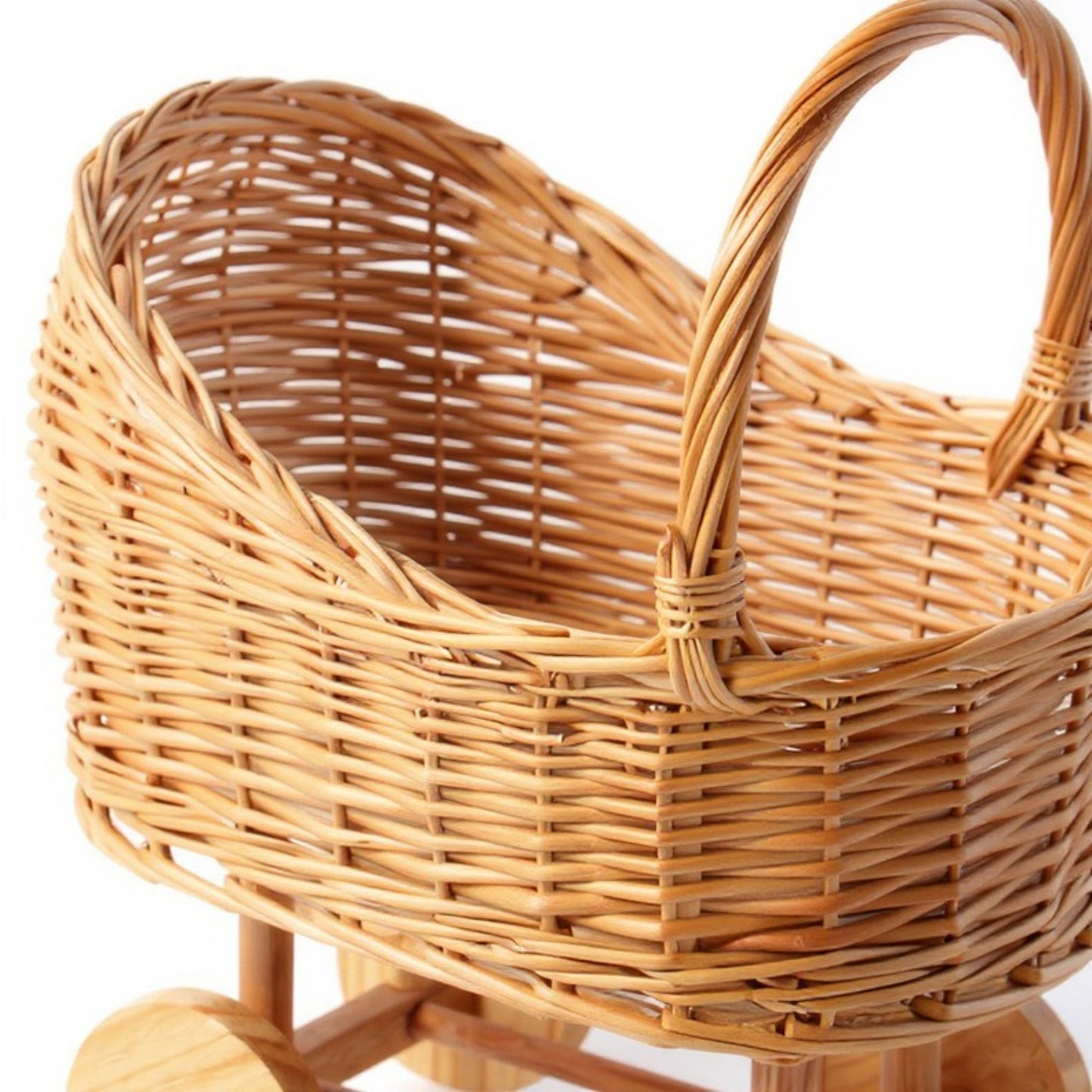 Anna-Kaci Wicker Toy Baby Stroller Basket with Wooden Wheels and Handle