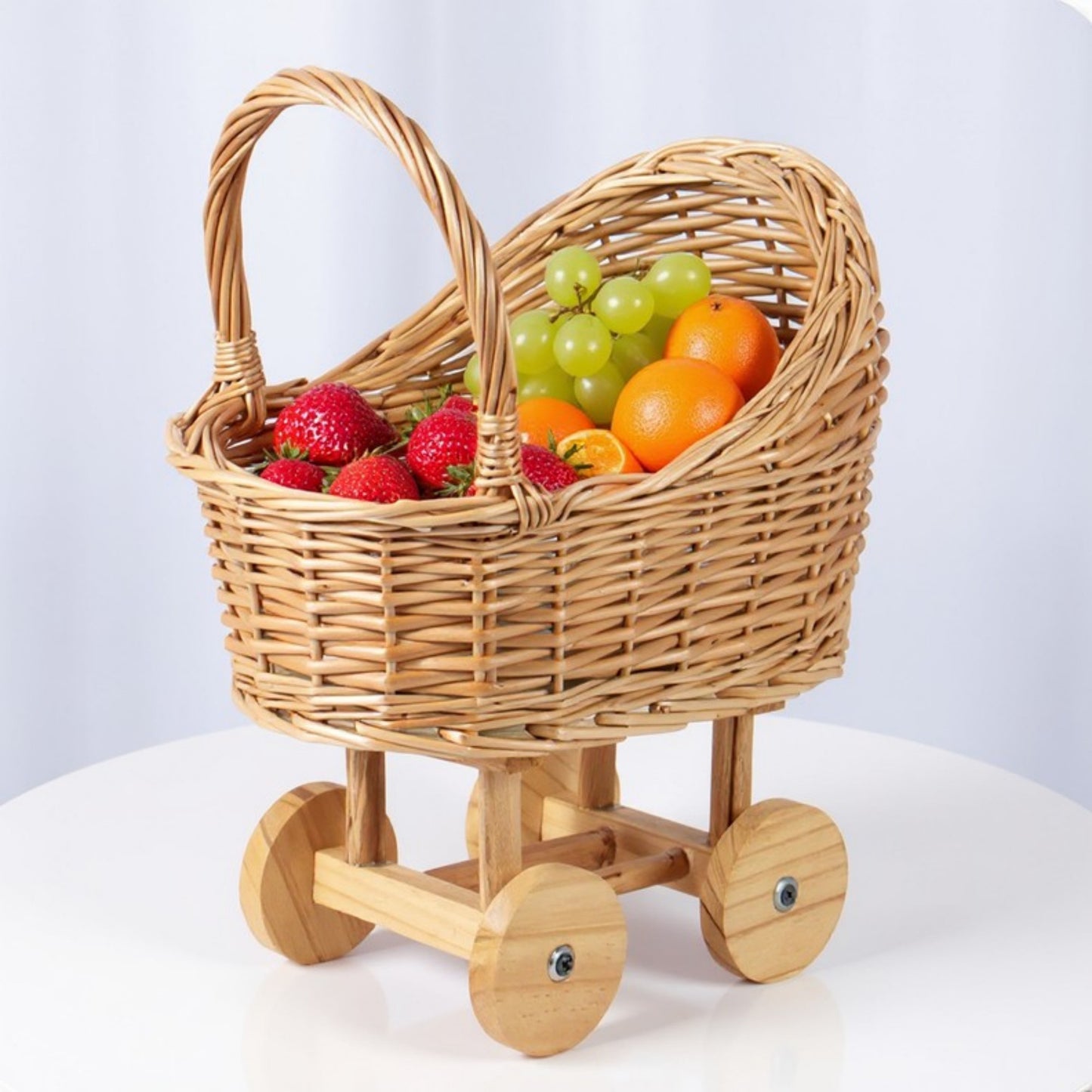 Anna-Kaci Wicker Toy Baby Stroller Basket with Wooden Wheels and Handle
